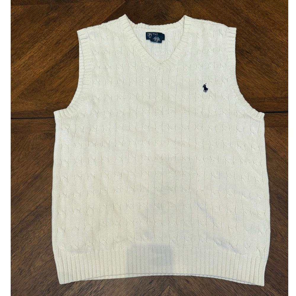 Polo by Ralph Lauren Cream Cable Knit V-Neck Sweater Vest with Navy Pony